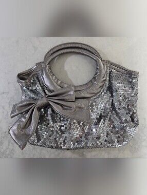 Sequined Gray Bow Handle Women's Handbag